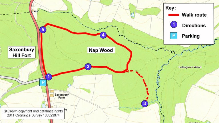 Map route for Nap Wood walk, Scotney Castle, Kent